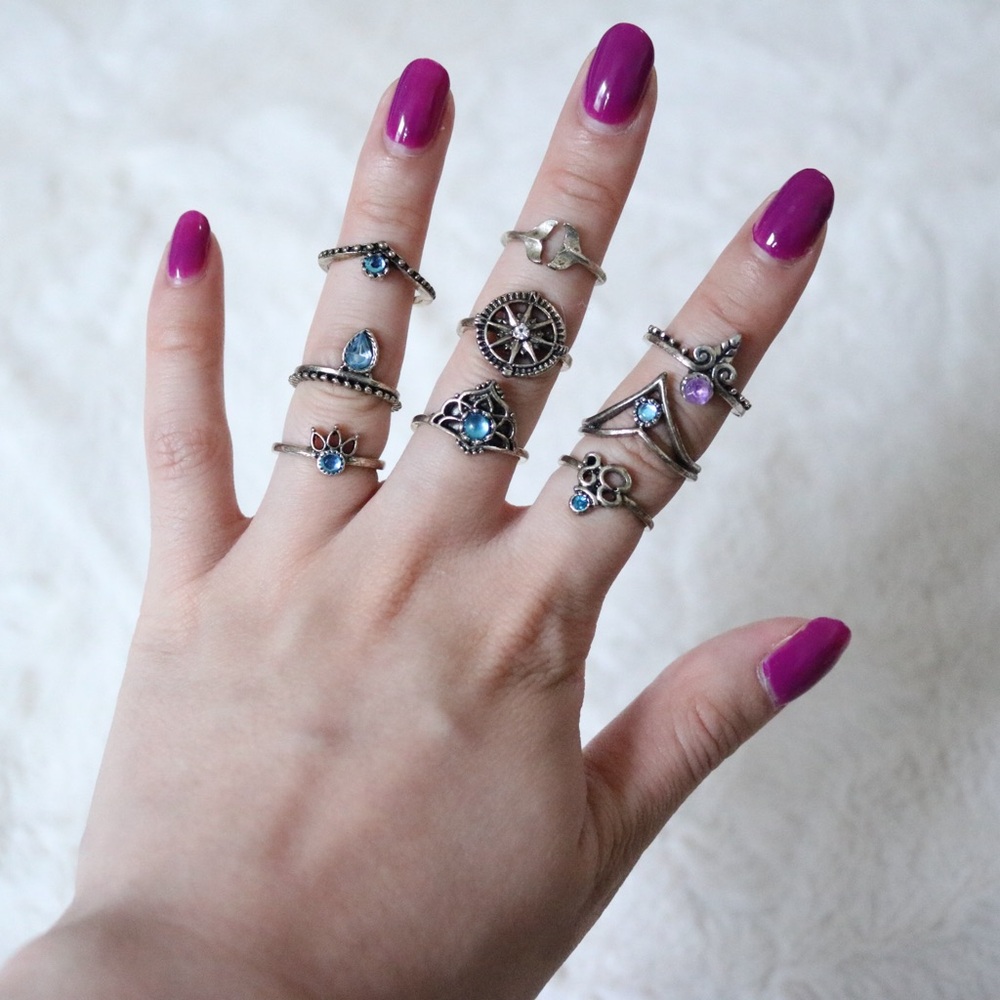 Aqua Blue and Purple Gem 9 Ring Set